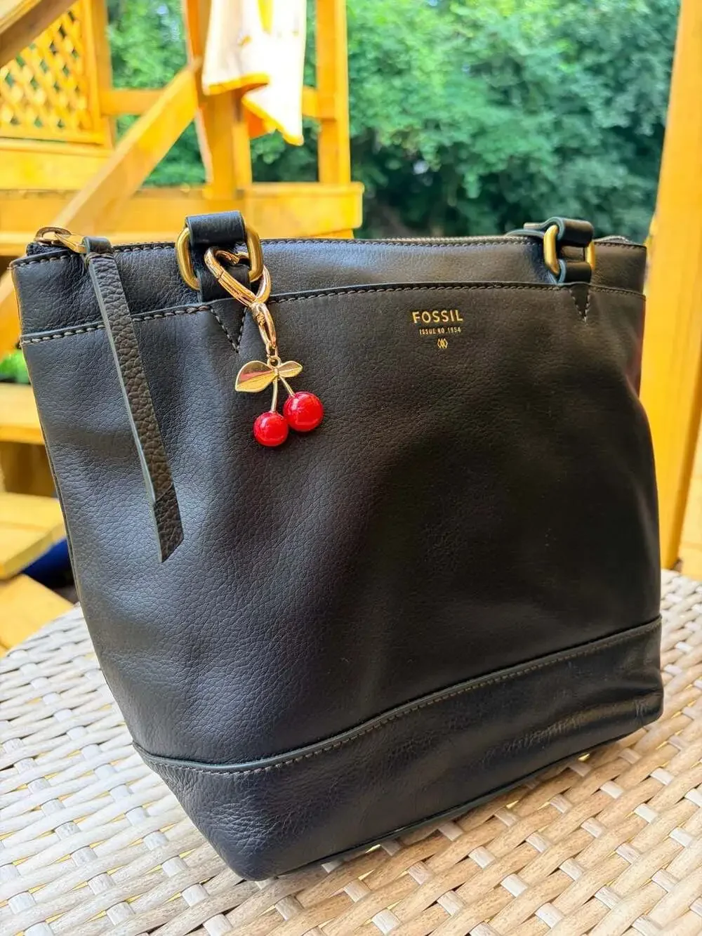 Fossil Issue No. 1954 Black Leather Tote Bag with Cherry Charm